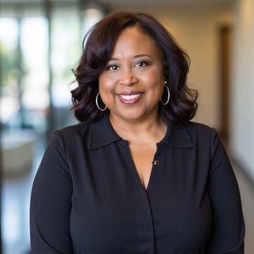 Smiling woman in a black blouse with hoop earrings.
