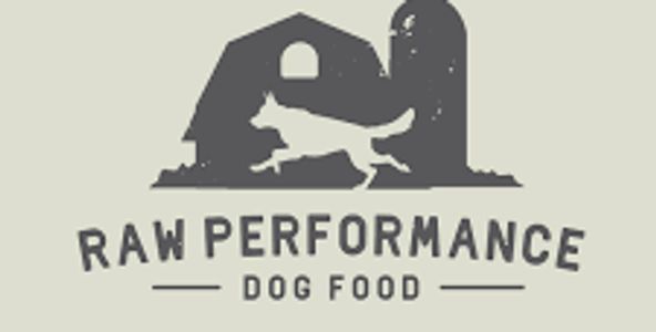 Logo for Raw Performance Dog Food featuring a dog and barn.