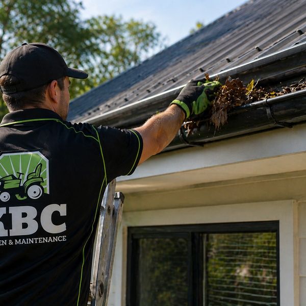 A worker cleaning leaves from a house gutter wearing a KBC Garden & Maintenance shirt.