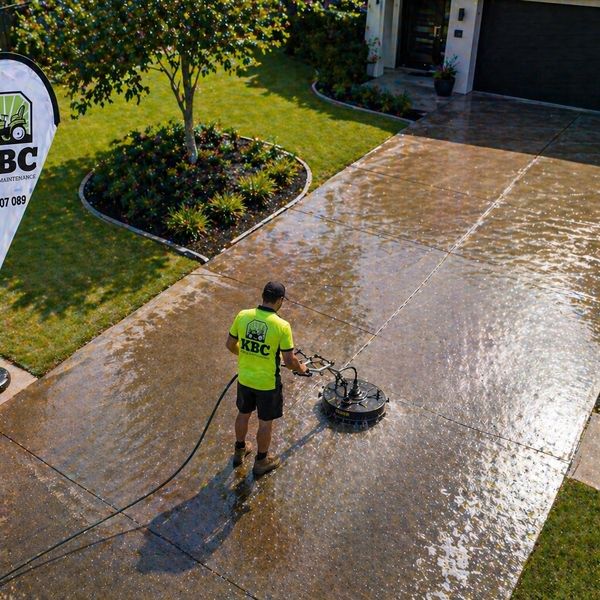 Person power washing a large driveway near a garden and house entrance.