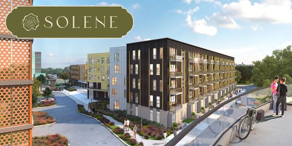Modern apartment complex with outdoor landscaping and people enjoying the area.