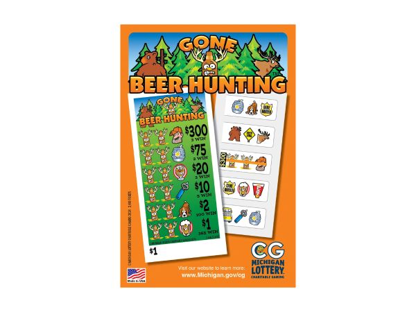 Michigan Lottery "Gone Beer Hunting" scratch tickets with cartoon animals.