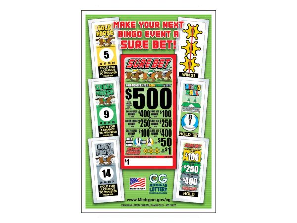 Lottery bingo ticket titled 'Sure Bet' with horse racing theme.