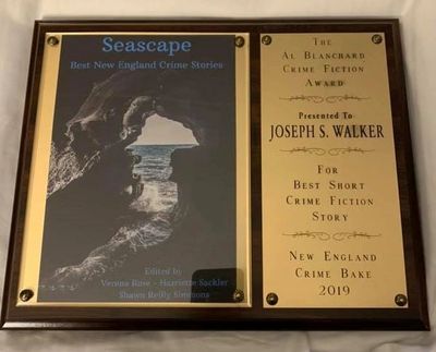Award plaque for best short crime fiction story by Joseph S. Walker in 2019.