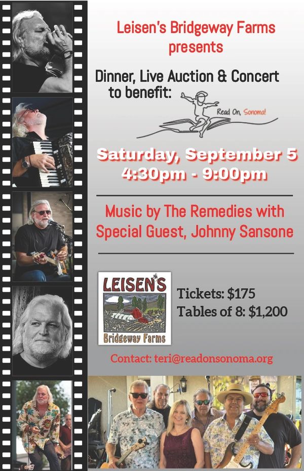 Event poster for Leisen's Bridgeway Farms dinner, auction, and concert.