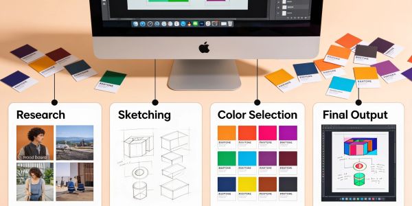 Design workflow from research to final output on a computer.