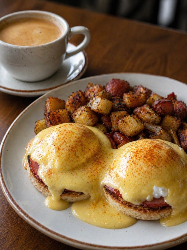 Amazing Latte and Eggs Benedict with crispy potatoes