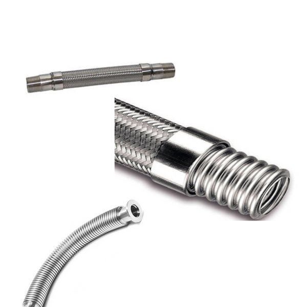 Flexible stainless steel braided hoses with threaded ends for plumbing.