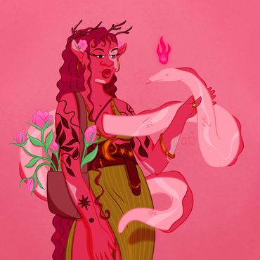Sci-fi character illustration of a woman with pointed ears holding a snake with pink skin. 