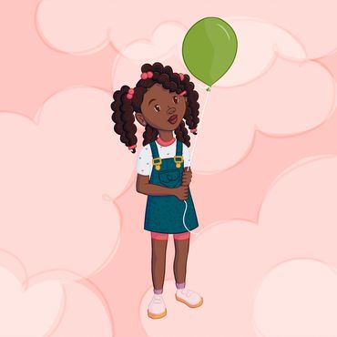 Illustration of Close and Away's main character holding a balloon with pink clouds in the background