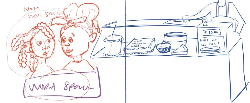 Sketch of Close andAway's main character and mother visiting a local bakery. 