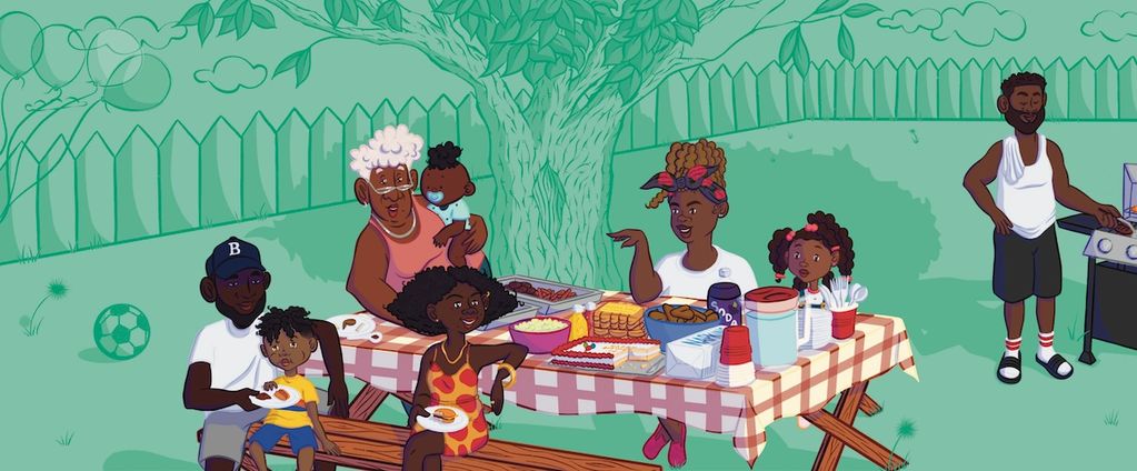 Illustration of Close and Away's cookout scene with a family gathering in the backyard to celebrate