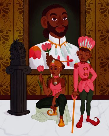 Fantasy illustration of a prince and princess standing before an ancestor's portrait. 
