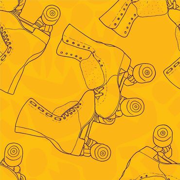 Surface patter design of a line drawing of skates on a yellow abstract background. 
