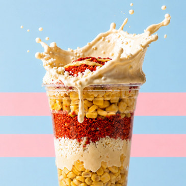 A cup of layered corn with creamy sauce splashing on top.