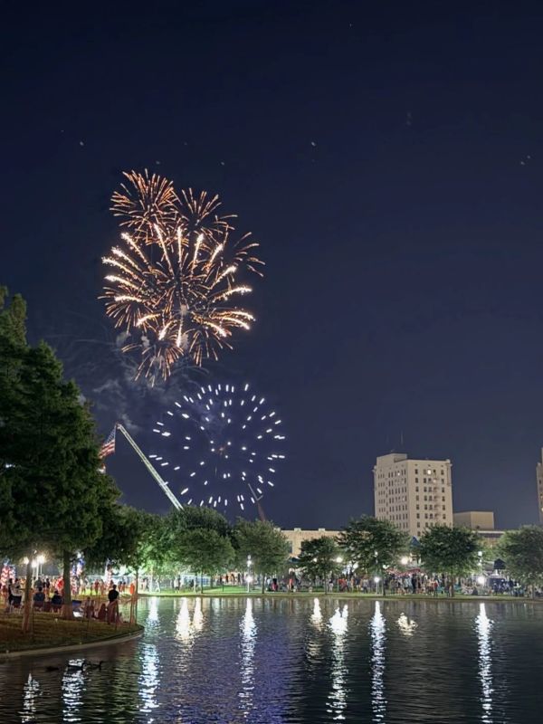 Fireworks light the night sky over a park and pond.