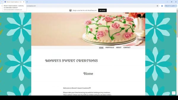 Website for Monet's sweet creations showcasing a beautiful cake decorated with pink fondant roses.