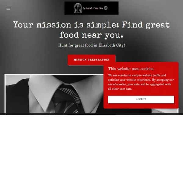 Screenshot of My local food spy website. Home page has a picture of a secret agent in a vest. 