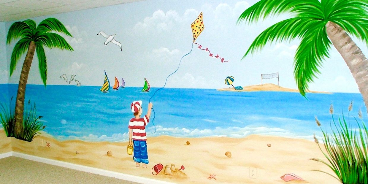 Beach Mural for Kids Room with Palm Trees, sand, ocean, dolphins, boats, seashells