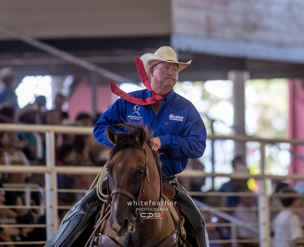 Man in cowboy hat riding horse at event.