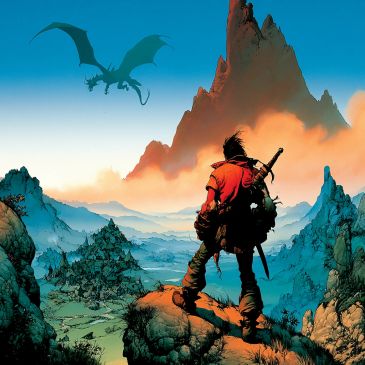 A warrior faces a dragon in a fantasy landscape.