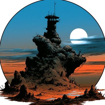 Silhouette of rocky outcrop with tower at sunset and full moon.