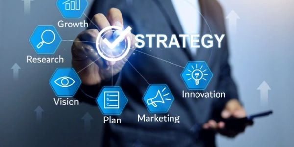 Businessman selects strategy with key elements like growth, research, and innovation.