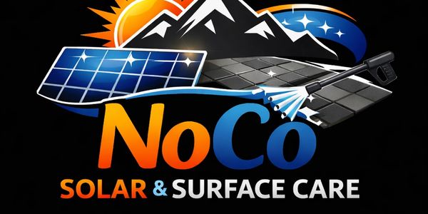Logo for NoCo Solar & Surface Care featuring sun, mountains, solar panels, and cleaning tool.