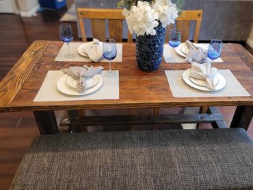 Custom made pine farmhouse table with walnut stain.