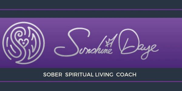 Black and Purple graphic with text that reads Sunshine Daye SOBER SPIRITUAL LIVING COACH