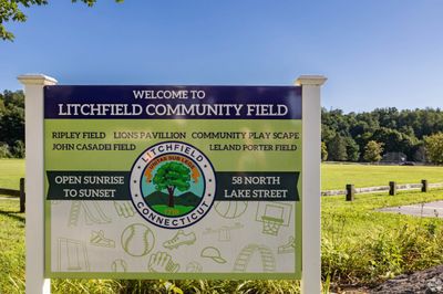 Sign welcoming visitors to Litchfield Community Field in Connecticut.