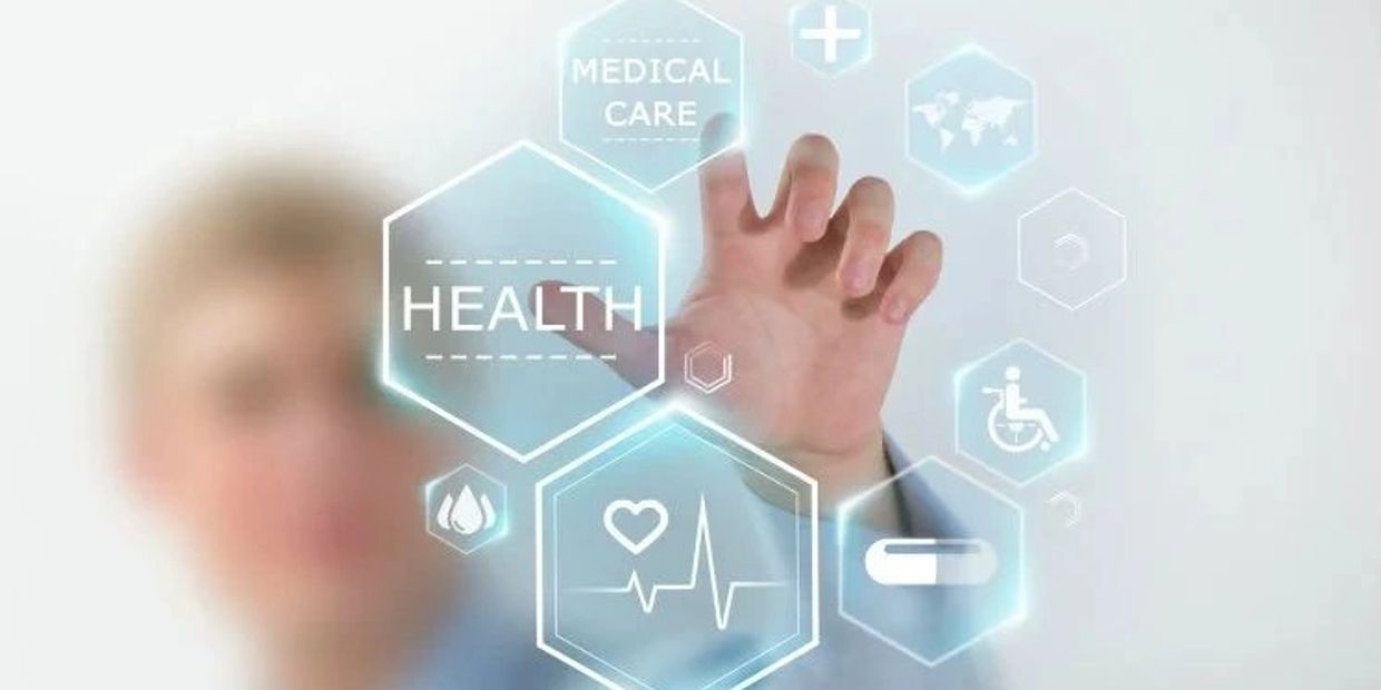 Person interacting with digital health and medical care icons.