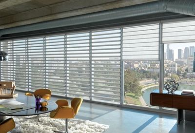 Modern automated blinds installed in a luxury Newport Beach home.