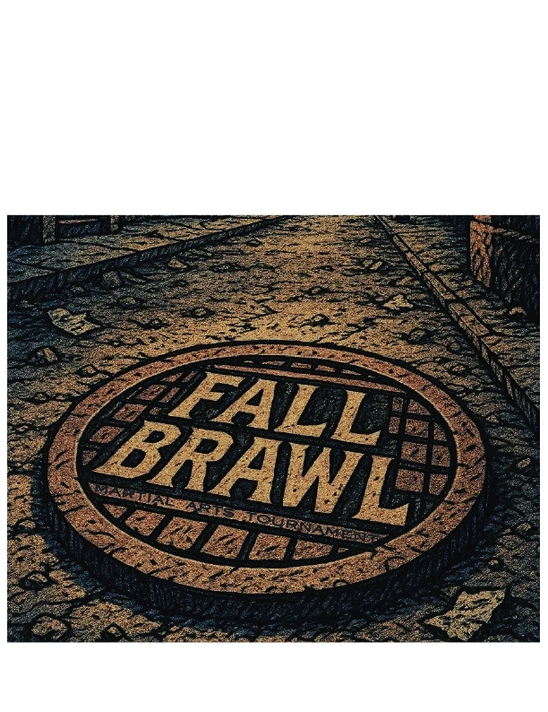 sepia tone illustration of a manhole cover that says Fall Brawl Martial Arts Tournament