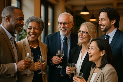 Group of diverse professionals enjoying drinks and conversation.