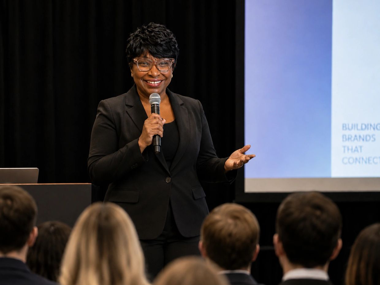 Smiling woman speaking to an audience with a microphone.
