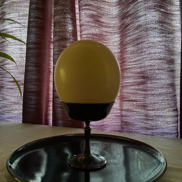An ostrich egg sitting in a chalice in a shaded room upon a black plate. 