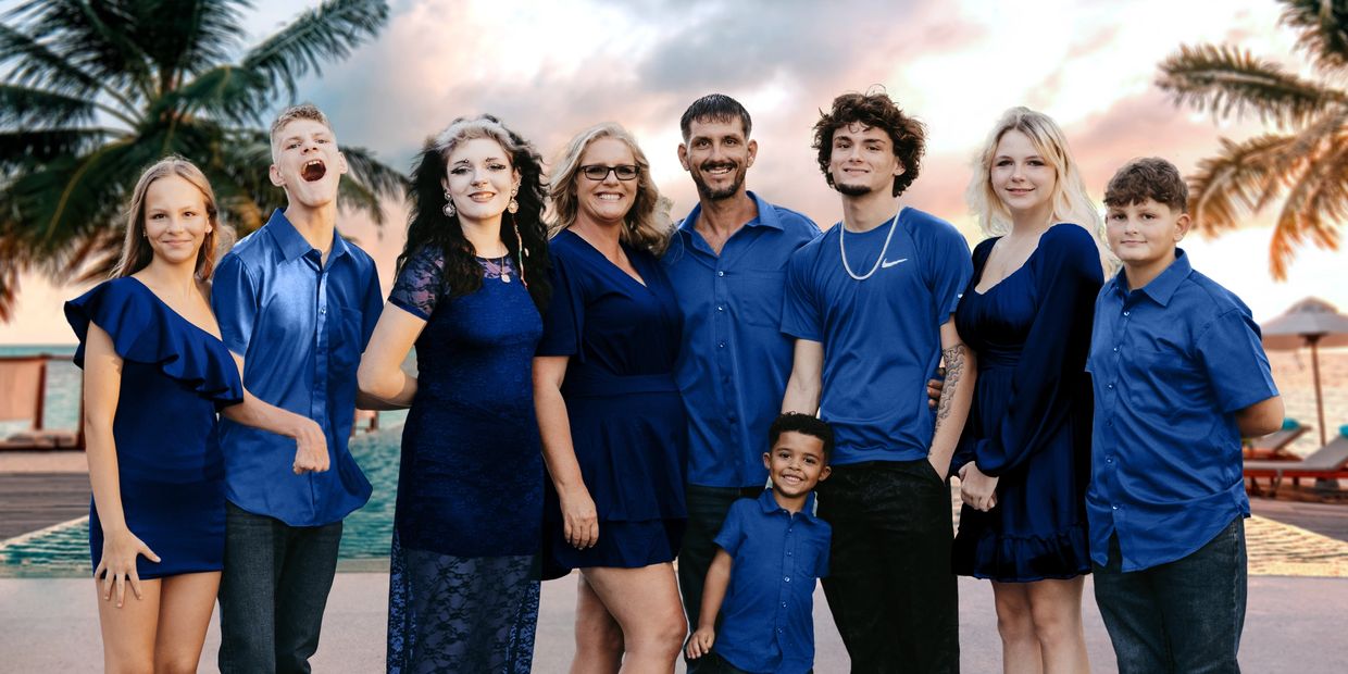 The Walker Wright family standing in front of a pool in Sarasota County, Florida. Pool Service.