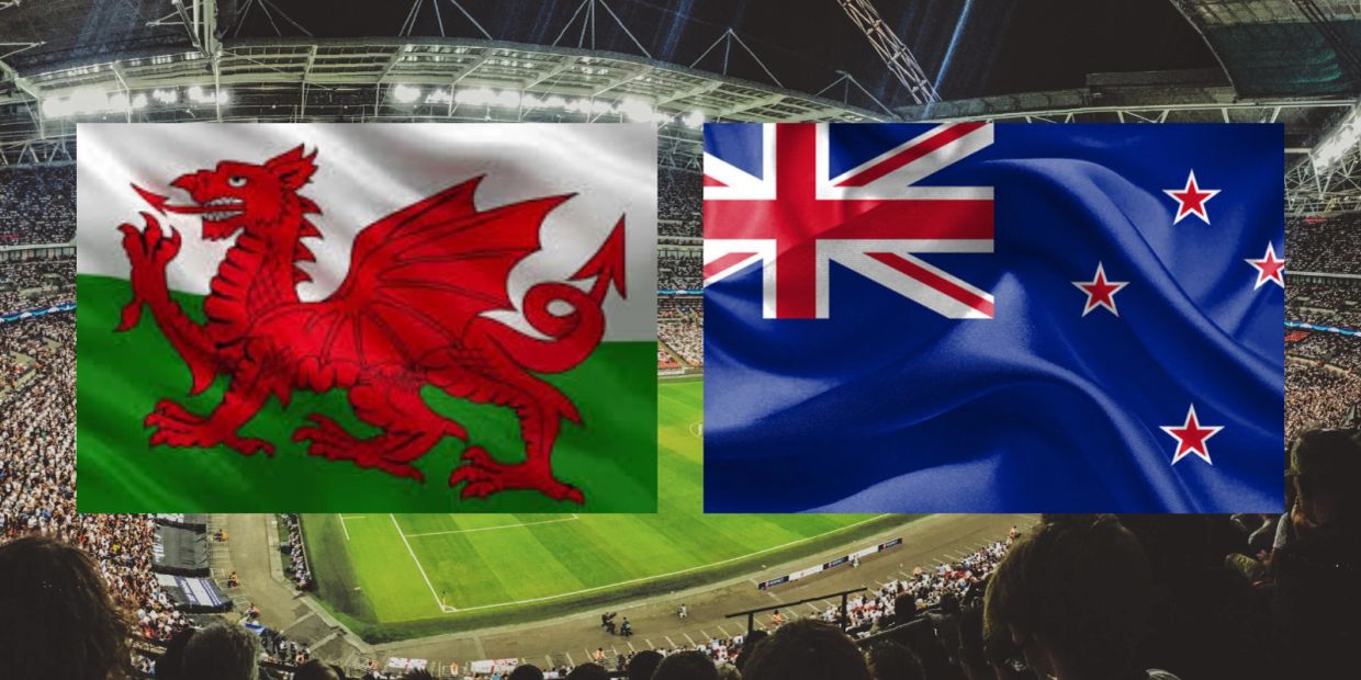 Flags of Wales and New Zealand over a packed stadium at night.