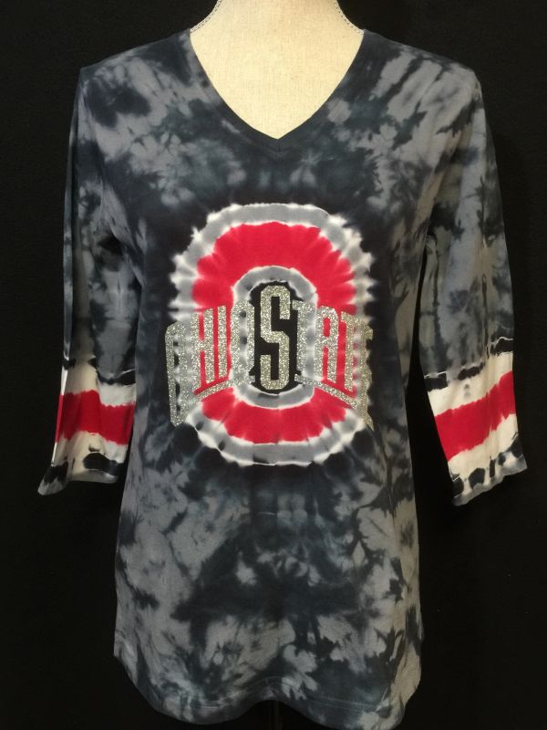 Tie-dye Ohio State shirt with glittery logo and red-white stripes on sleeves.
