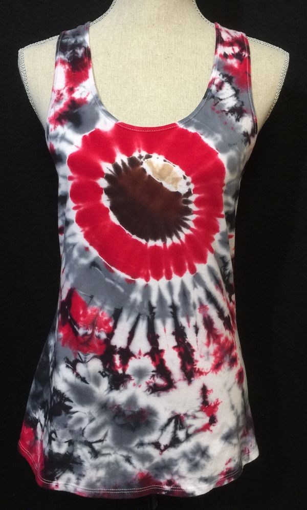 Tie-dye tank top with red, black, and gray circular patterns.