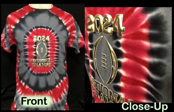 Tie-dye 2024 National Champs t-shirt with gold lettering and football graphic.