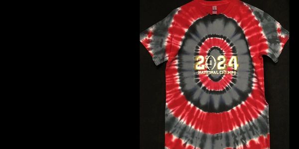 Tie-dye t-shirt with 2024 National Champs design in red, black, and gray.