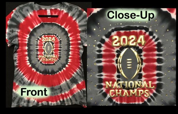 Tie-dye T-shirt with 2024 National Champs football design.