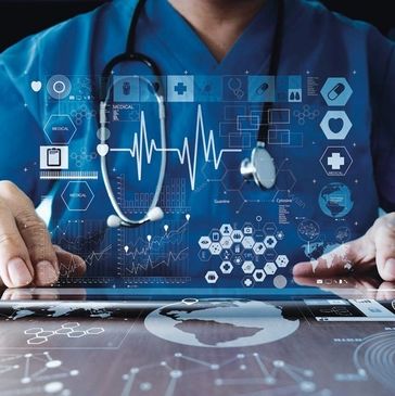 Doctor using digital tablet with futuristic medical interface.