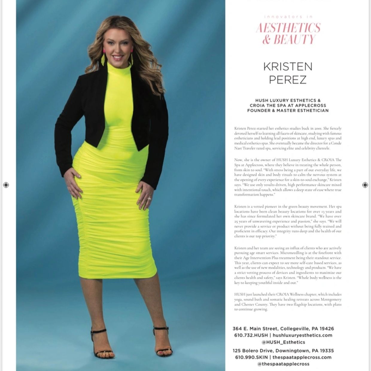 Portrait of Kristen Perez in a neon yellow dress and black blazer.