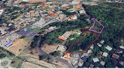 Parcel 1 is oulined in pink, parcel 2 is outlined in red.