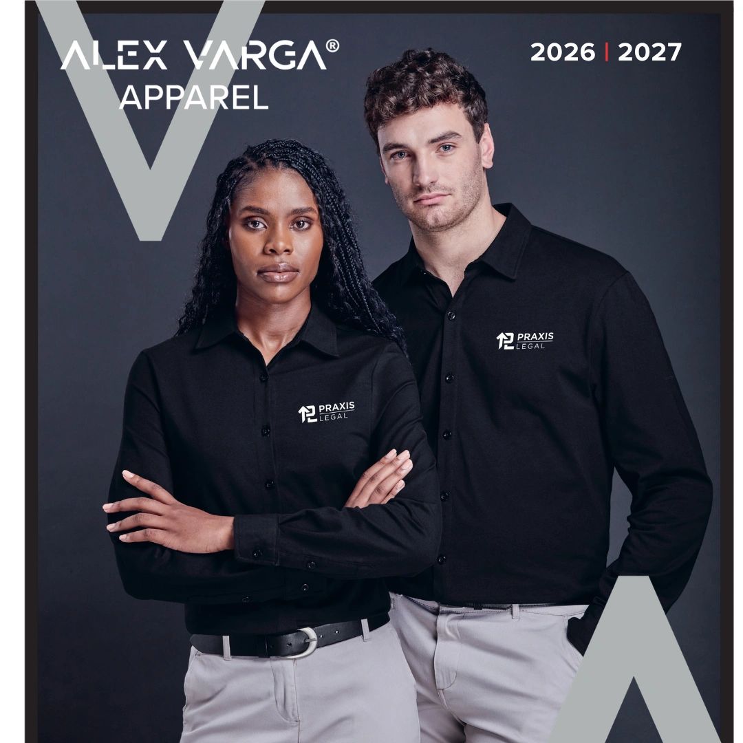 Two models wear black Praxis Legal shirts and light pants for Alex Varga Apparel 2026-2027.