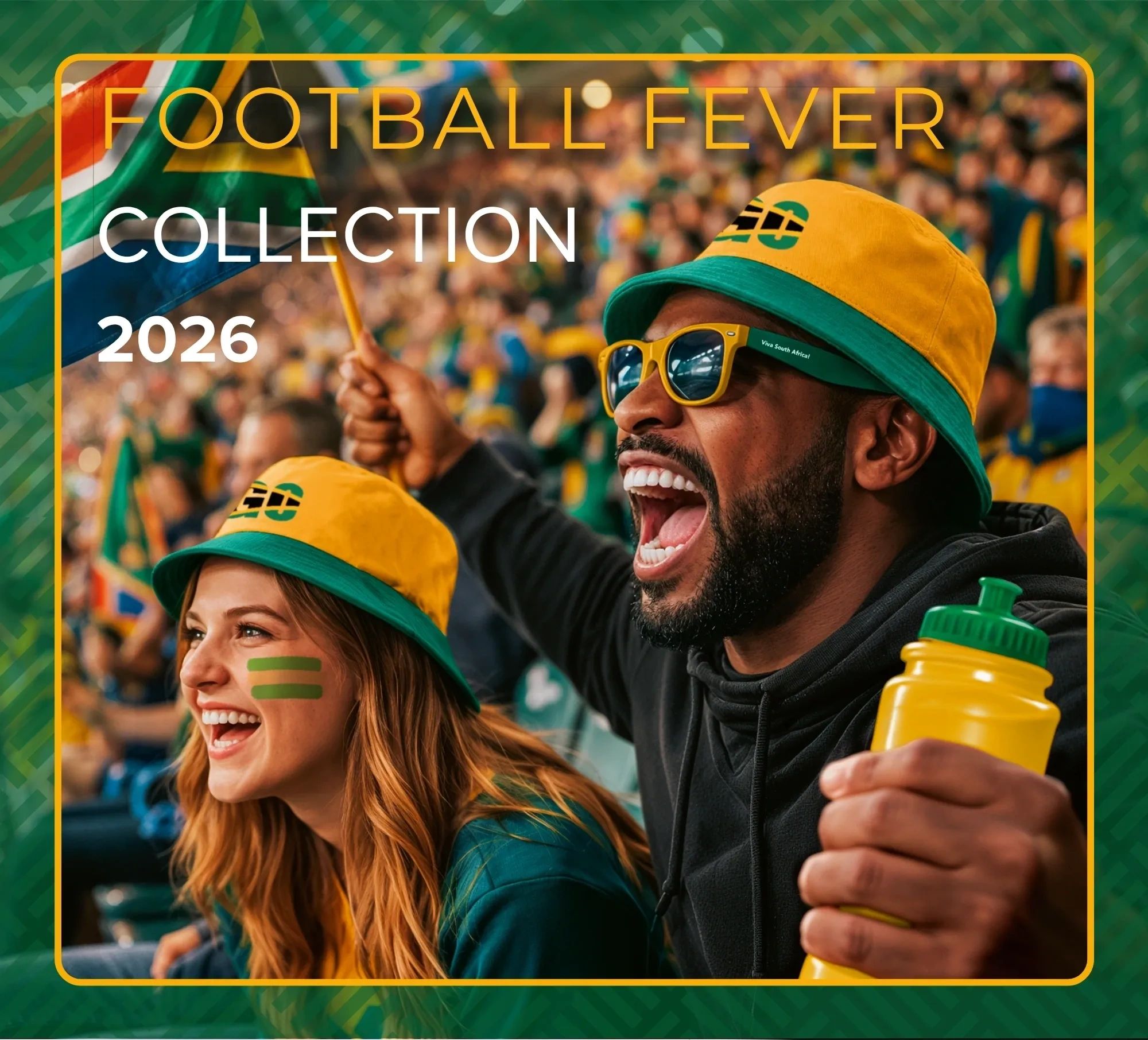 Excited football fans in yellow and green at a stadium.