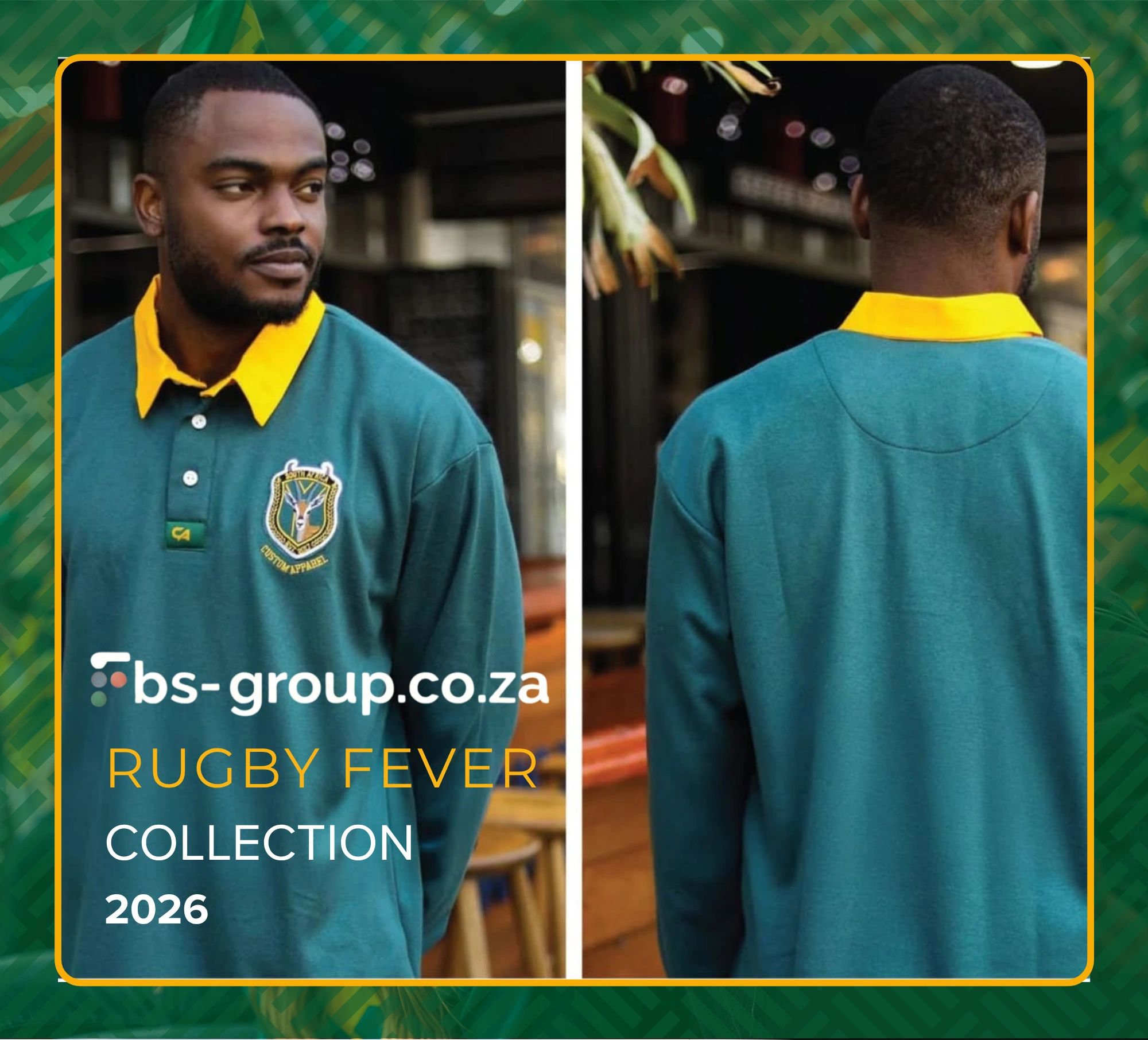 Man in green and yellow rugby shirt, front and back views.